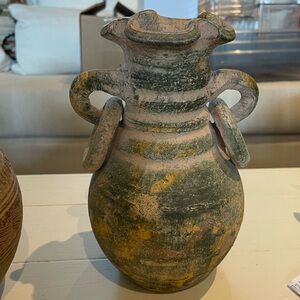 Mexican Pottery Vase with Flower Petal Opening & side handles with rings